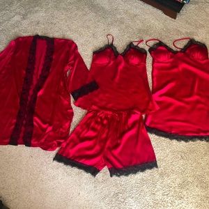 Set of Pajamas (Top and Shorts), Slip Dress, and Robe